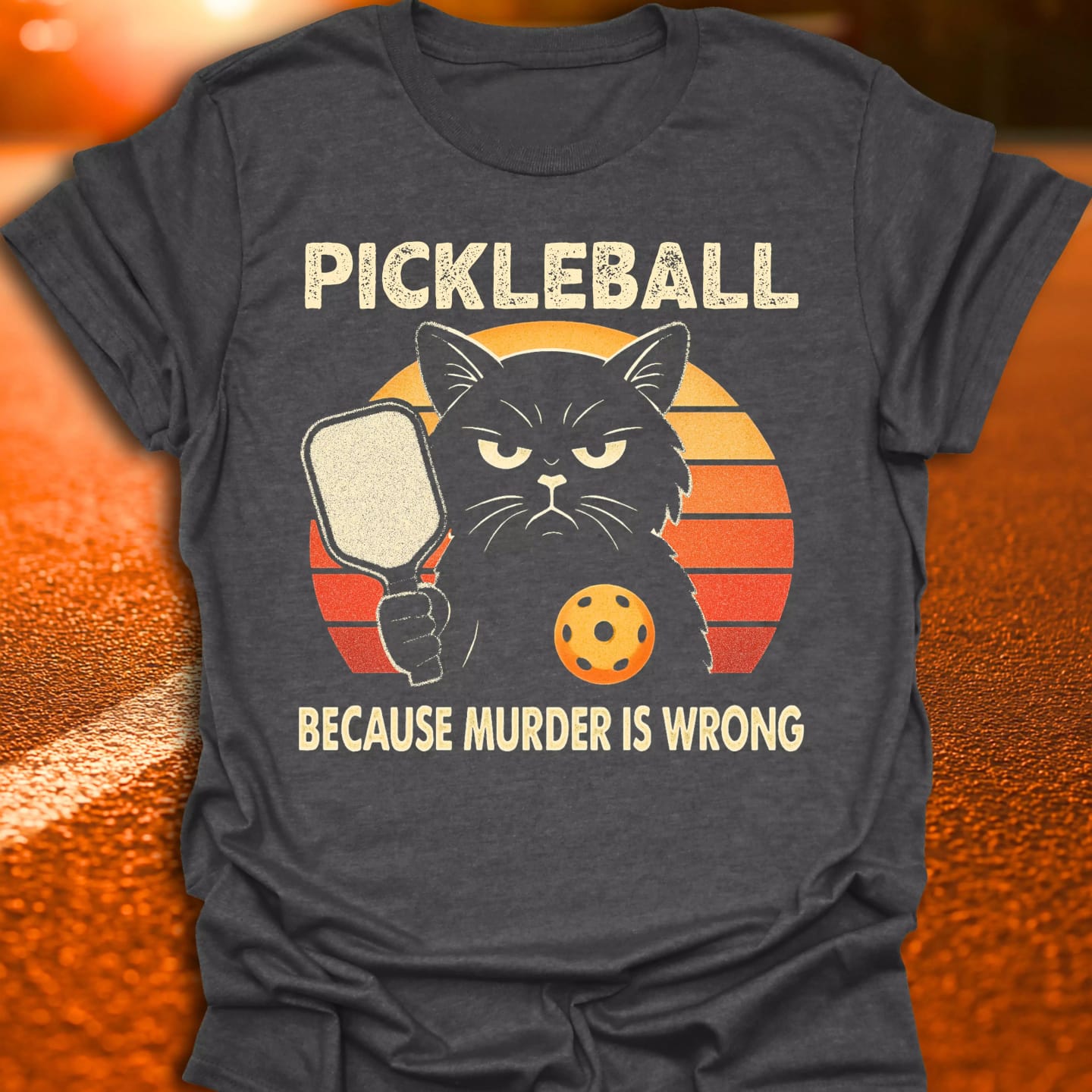 Customer photo review of Murder Is Wrong Cat Pickleball T-Shirt