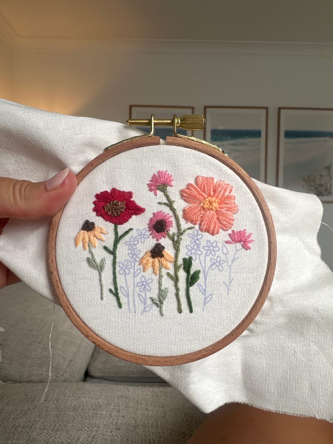 Customer photo review of Pink Wildflowers Embroidery Kit