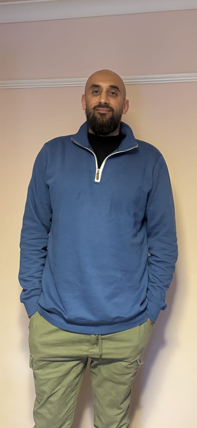 Customer photo review of Organic Tall Slim Quarter Zip Sweatshirt (Cobalt)