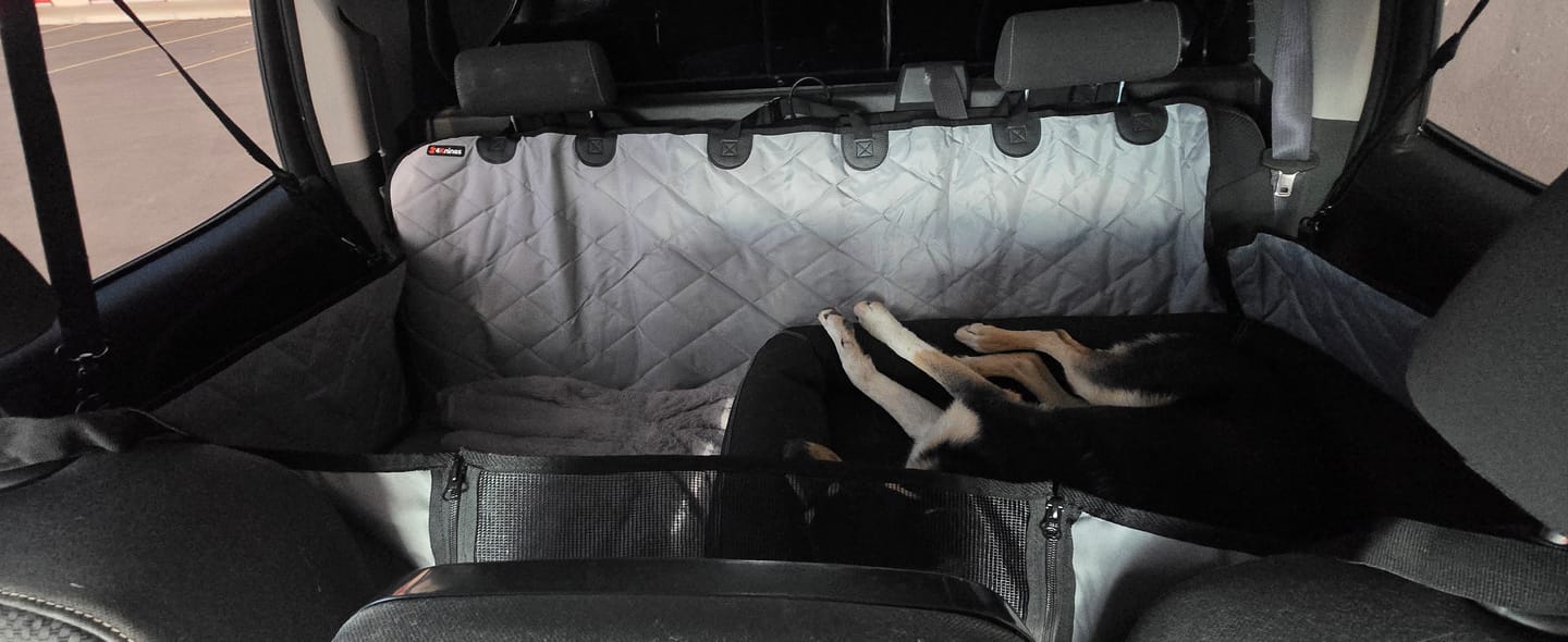 Customer photo review of 4Knines Hard Bottom Extender Car Seat Cover for Dogs - Regular