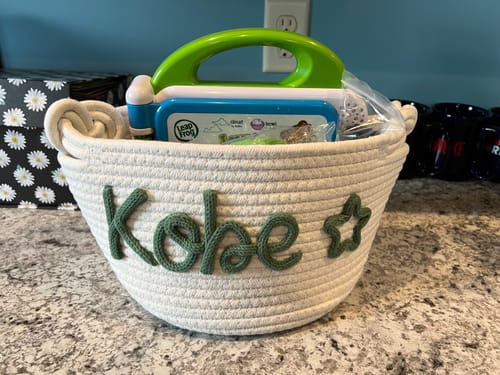Customer photo review of Baby Knits™  Multicolor Personalized Knitted Basket