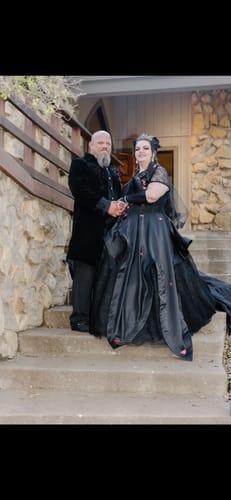 Customer photo review of Regal Gothic Black Wedding Dress Ball Gown with Off-Shoulder Black and Red Floral Accents Plus Size