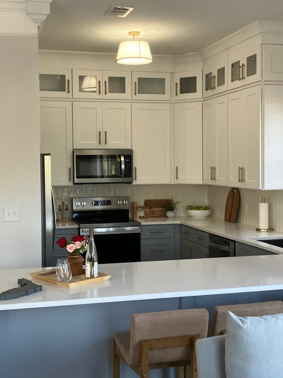 Customer photo review of Contemporary Wide Linen Drum Brass Semi Flush Mount