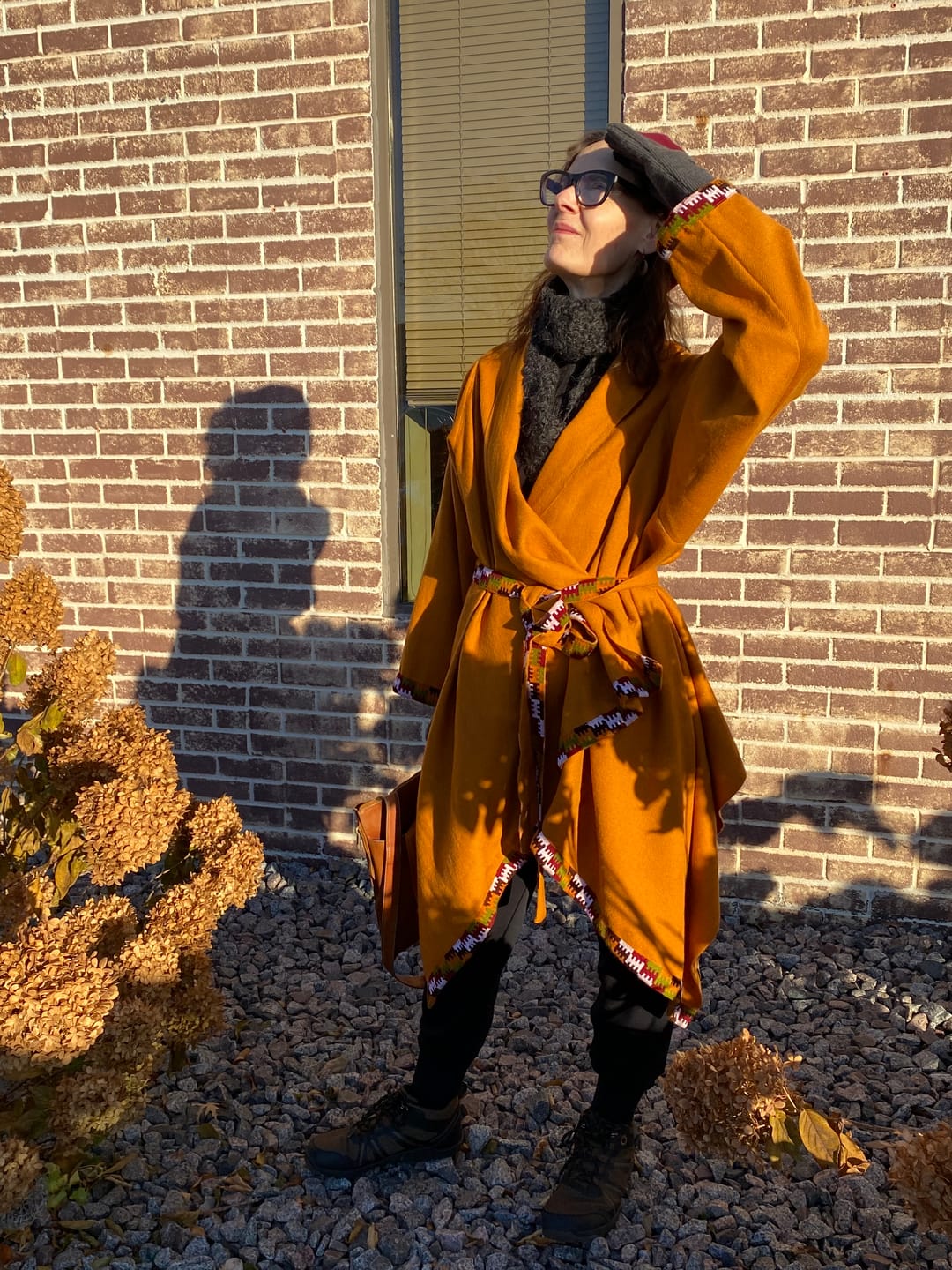 Customer photo review of NEW! Wool Cape Coat Cocoon Mustard
