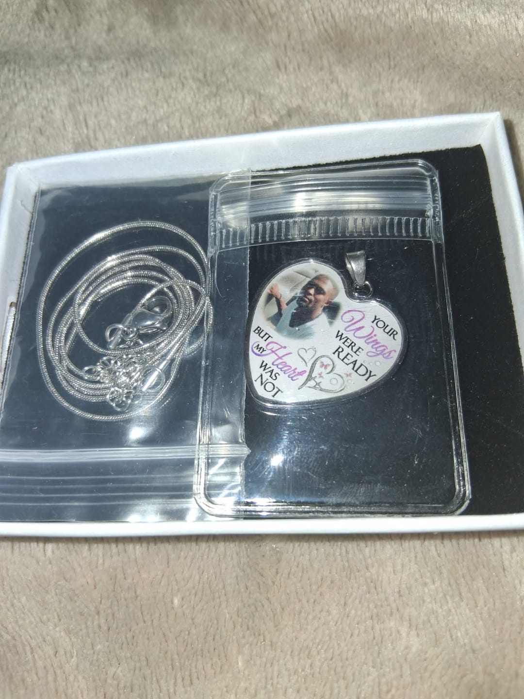 Customer photo review of Custom Photo Memorial Necklace Adjustable "Your Wings Were Ready But My Heart Was Not" -N026