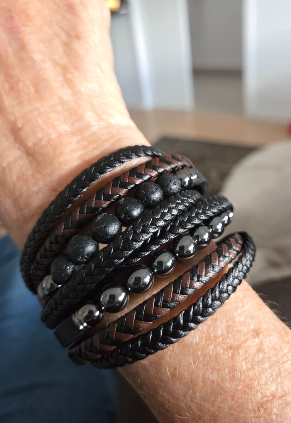 Customer photo review of Buddha Stones Tiger Eye Lava Rock Black Onyx Lazurite Hematite Bead Positive Leather Bracelet