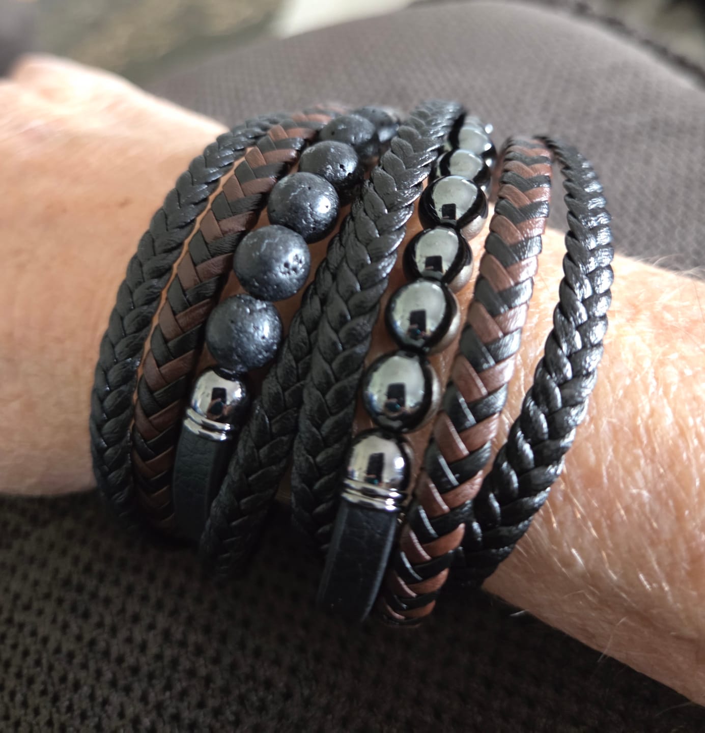Customer photo review of Buddha Stones Tiger Eye Lava Rock Black Onyx Lazurite Hematite Bead Positive Leather Bracelet