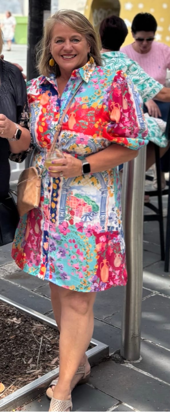 Customer photo review of Casa Rose Shirt Dress in Multi Resort Linen Blend