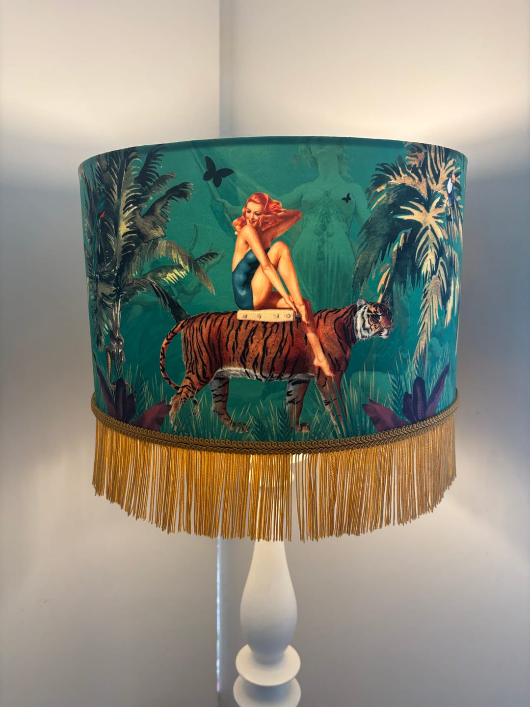 Customer photo review of Queen K Jungle Walk Green Tassel Fringed Drum Lampshade