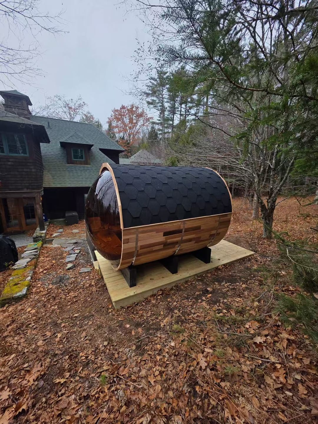 Customer photo review of SAUNASNET® Outdoor Barrel Sauna with Panoramic Tinted Glass Front, Durable Wooden Design for Home & Garden Barrel 05