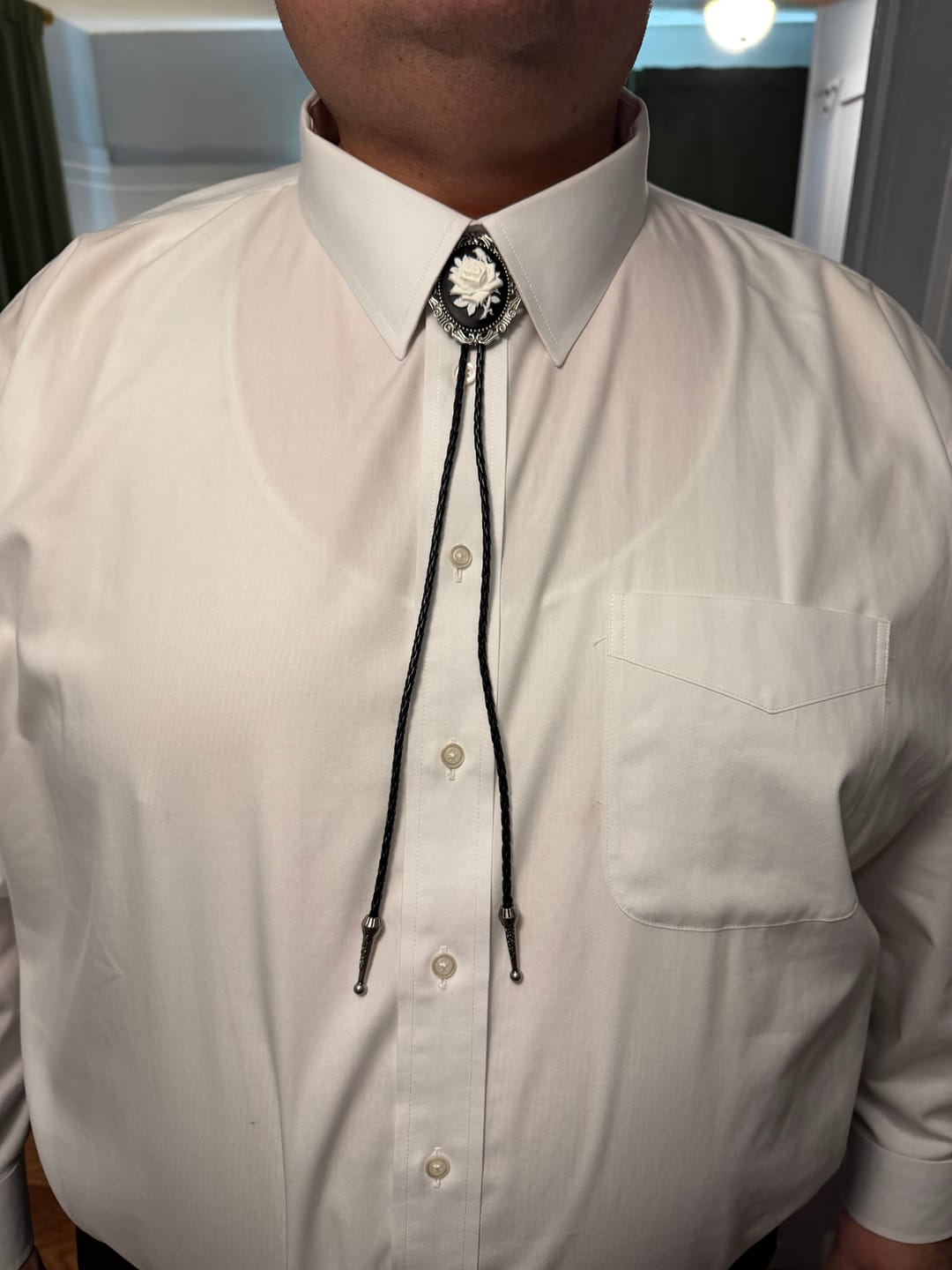 Customer photo review of Bolo Tie- Black & White Rose