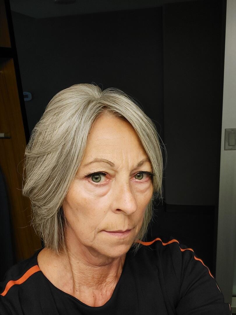 Customer photo review of Silver Gray Mono Top Human Hair Toppers for Women, 12-18 Inch