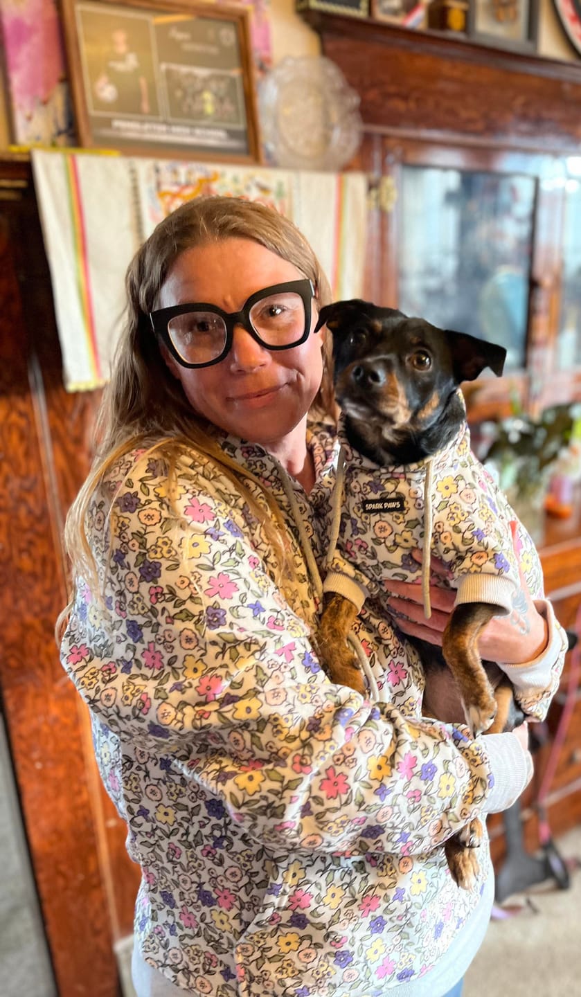 Customer photo review of Vintage Flower Dog Hoodie - Light Grey