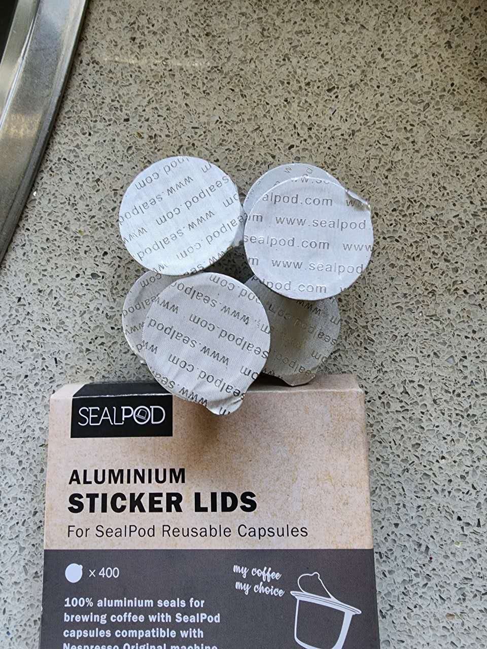 Customer photo review of SealPod Espresso Sticker Lids