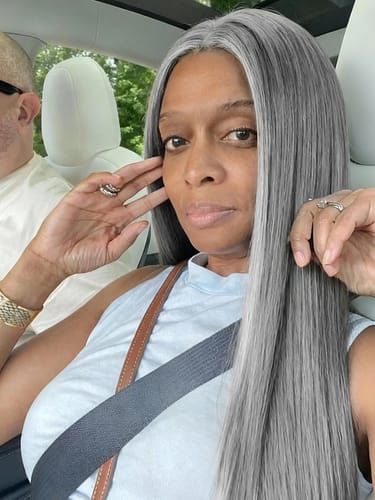Customer photo review of Luvwin 13x4 Silky Salt & Pepper Long Straight Silver Wig 100% Human Hair