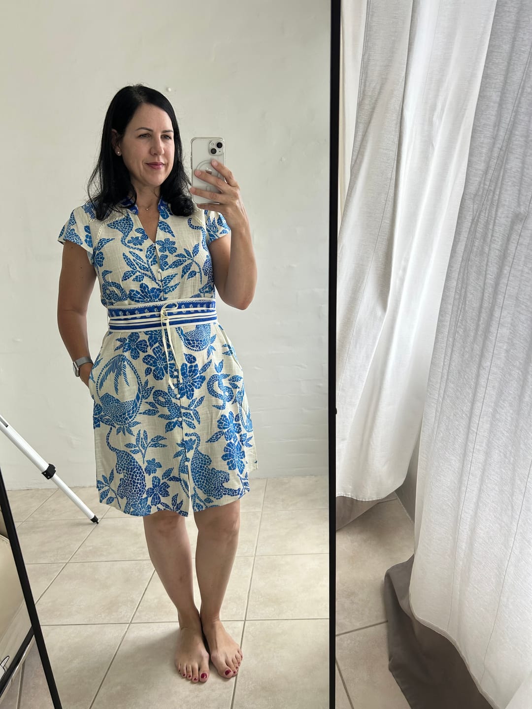 Customer photo review of Adriana Linen Viscose Embroidered Yoke Dress in Azure Mosaic