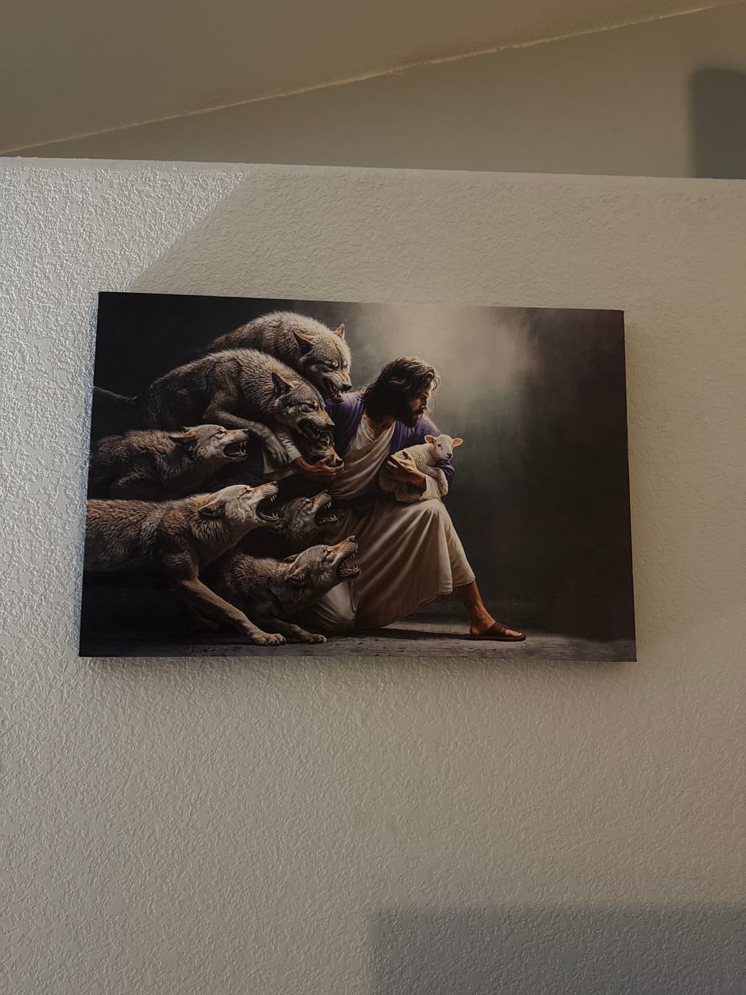 Customer photo review of Jesus Protects The Lamb From Wolves Wall Art Canvas
