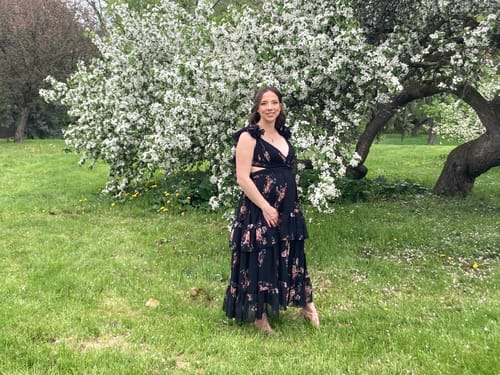 Melanie B. review of Barcelona Midi Dress in Black Floral by Mac Duggal - RENTAL image 1 out of 1