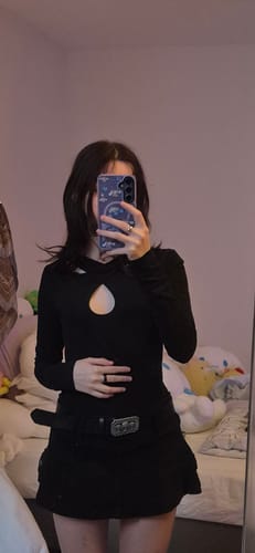 Customer photo review of Nikki Black Mini Denim Skort (with Skull Belt)