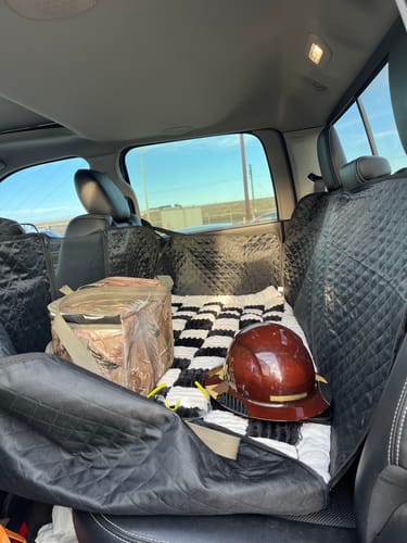 Customer photo review of NEW Waterproof Hard Bottom Car & Truck Seat Foldable Hammock Cover With Storage Pockets, Side Flaps, Headrest Straps, Seat Anchors, & Mesh Window (+FREE SAFETY BELT!)