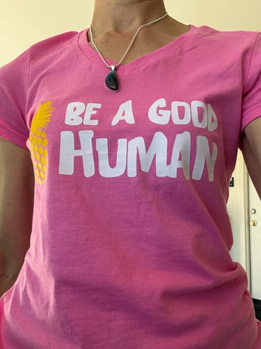 Customer photo review of Be A Good Human Cartoon WOMEN'S V-NECK