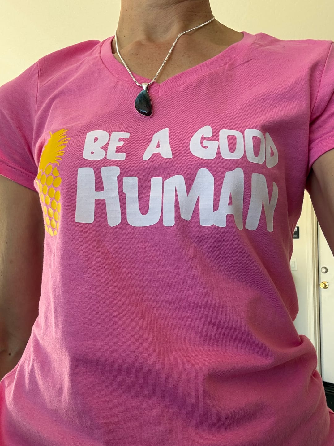 Customer photo review of Be A Good Human Cartoon WOMEN'S V-NECK