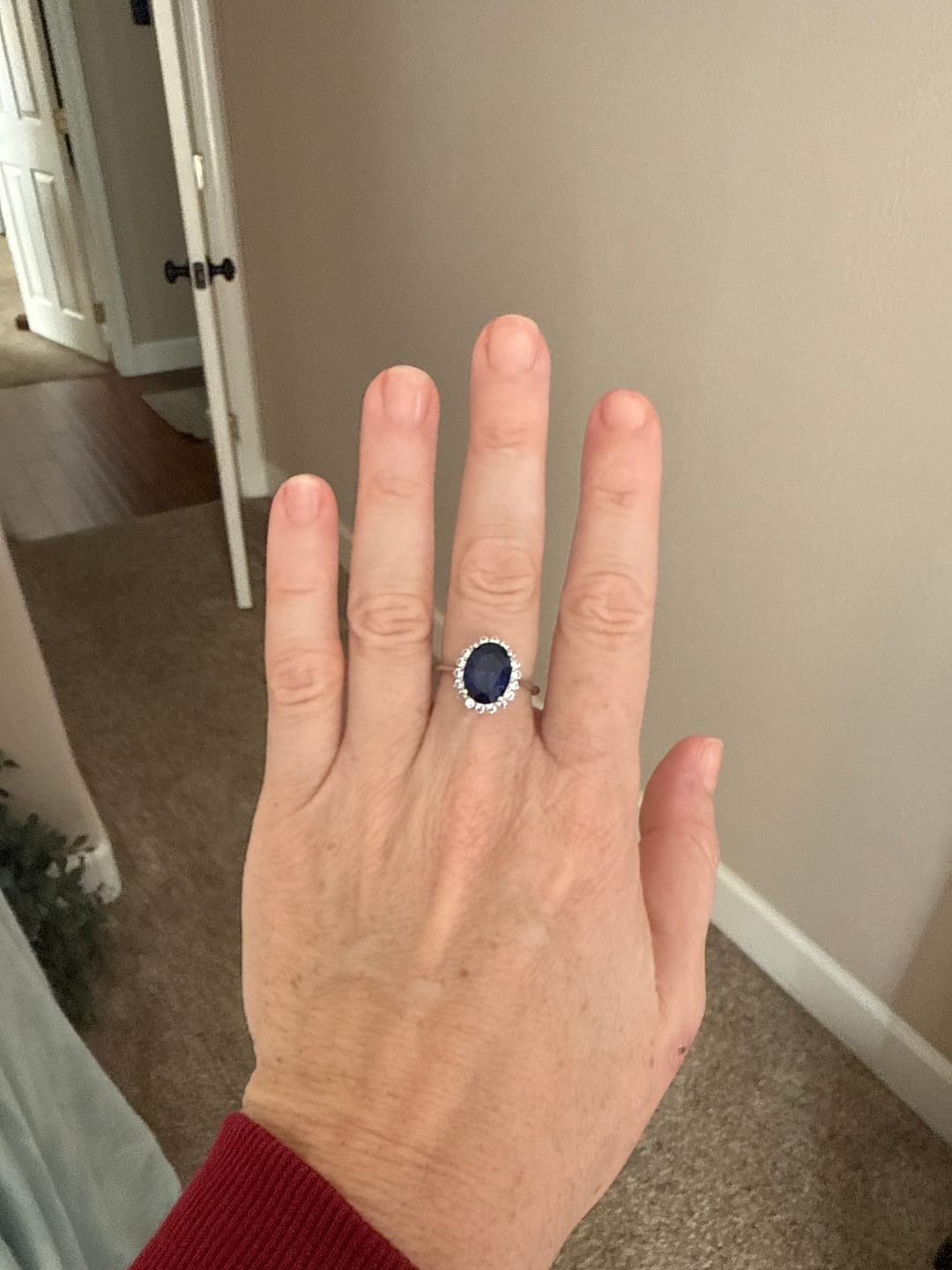 Customer photo review of 4.5 Carat Halo Oval Cut Blue/Red/Green/Yellow Sapphire Engagement Ring In Sterling Silver