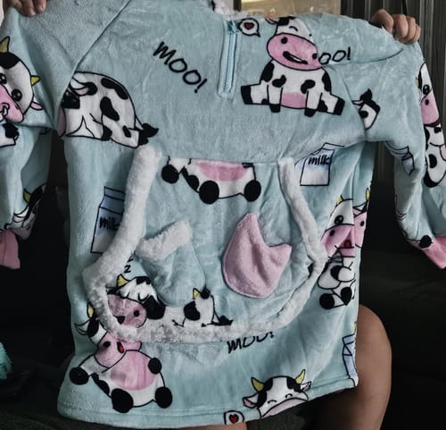 Customer photo review of Kids OLAOLA Blue Cow Wearable Blanket Kawaii Cattle Hoodie Animals Onesie Oversized Soft Homewear With Giant Pocket