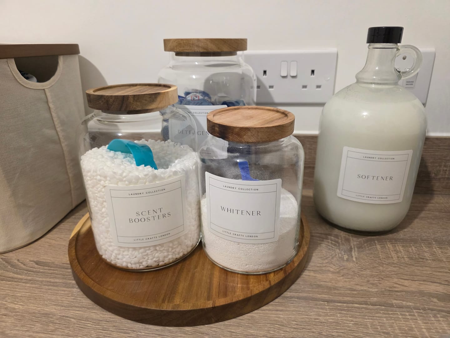 Customer photo review of Set of 3 Acacia Large Laundry Jars & Round Acacia 31.5 CM Diameter Tray