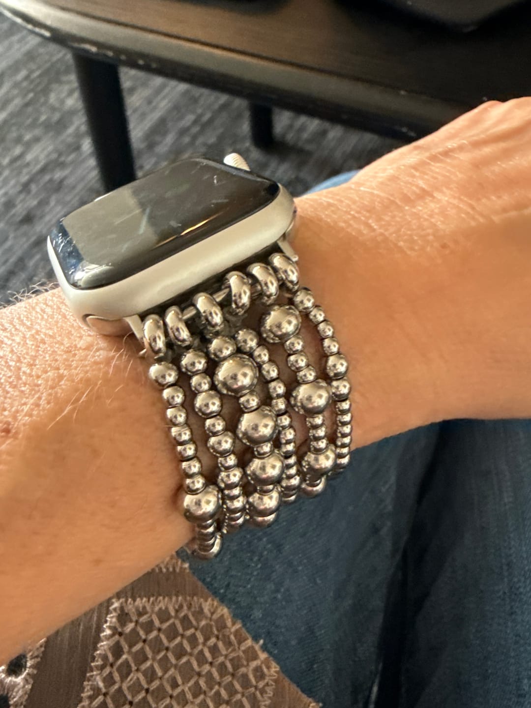 Customer photo review of Platinum Demure Stretch Apple Watch Strap