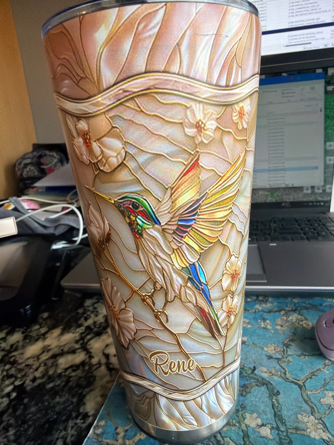 Customer photo review of Stained Glass Hummingbird Personalized Tumbler