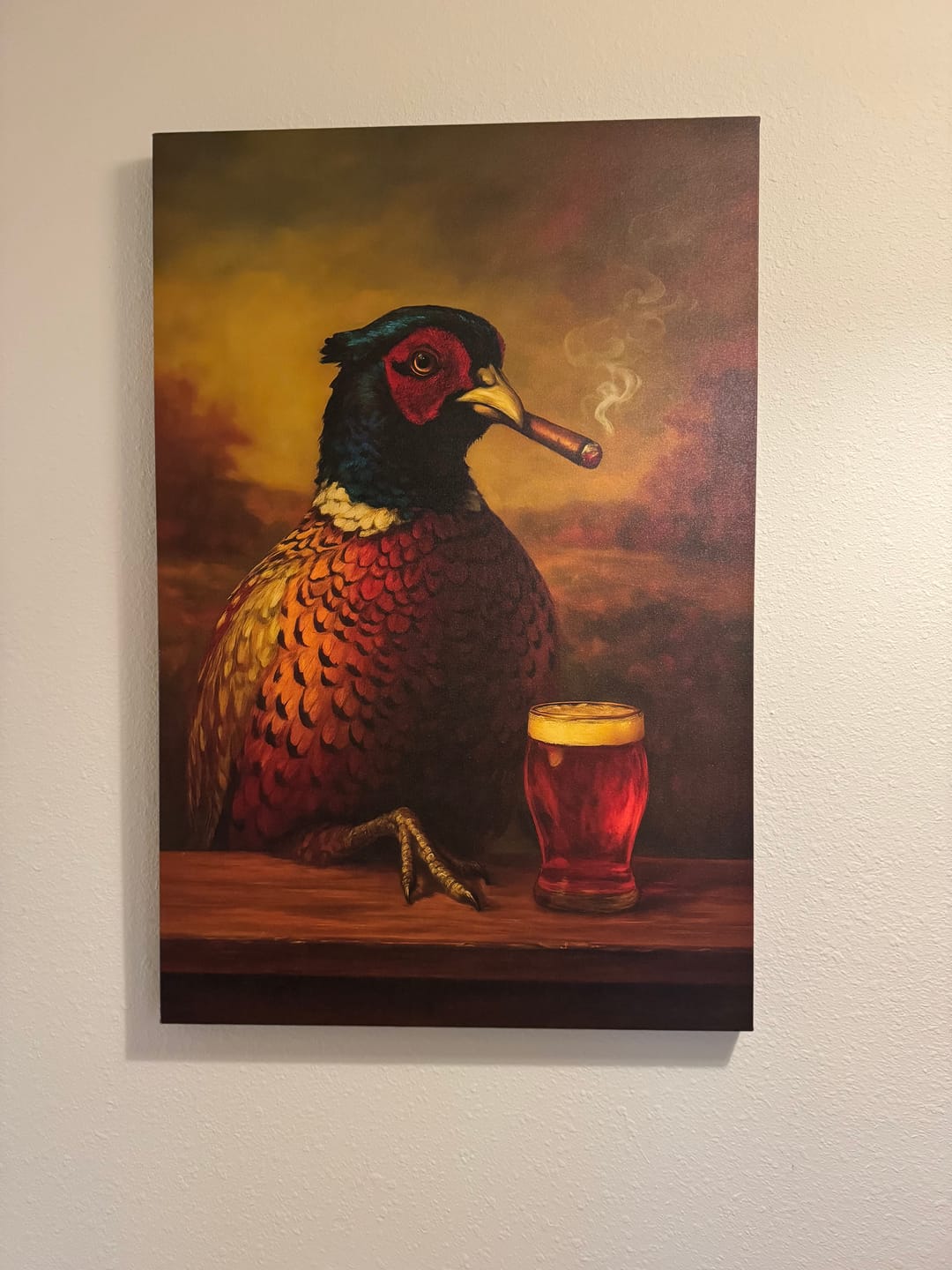 Customer photo review of Pheasant With Smoking & Cocktail Glasses Canvas – Hunting Lodge Decor Perfect Gift for Hunters & Cocktail Glasses Lovers