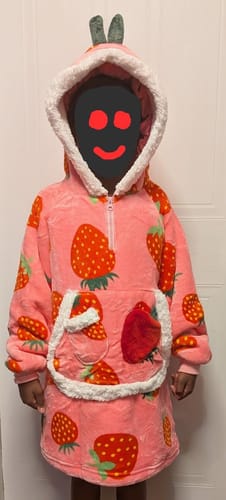 Customer photo review of Kids OLAOLA Pink Strawberry Wearable Blanket Hoodie Food Onesie Oversized Soft Homewear With Giant Pocket