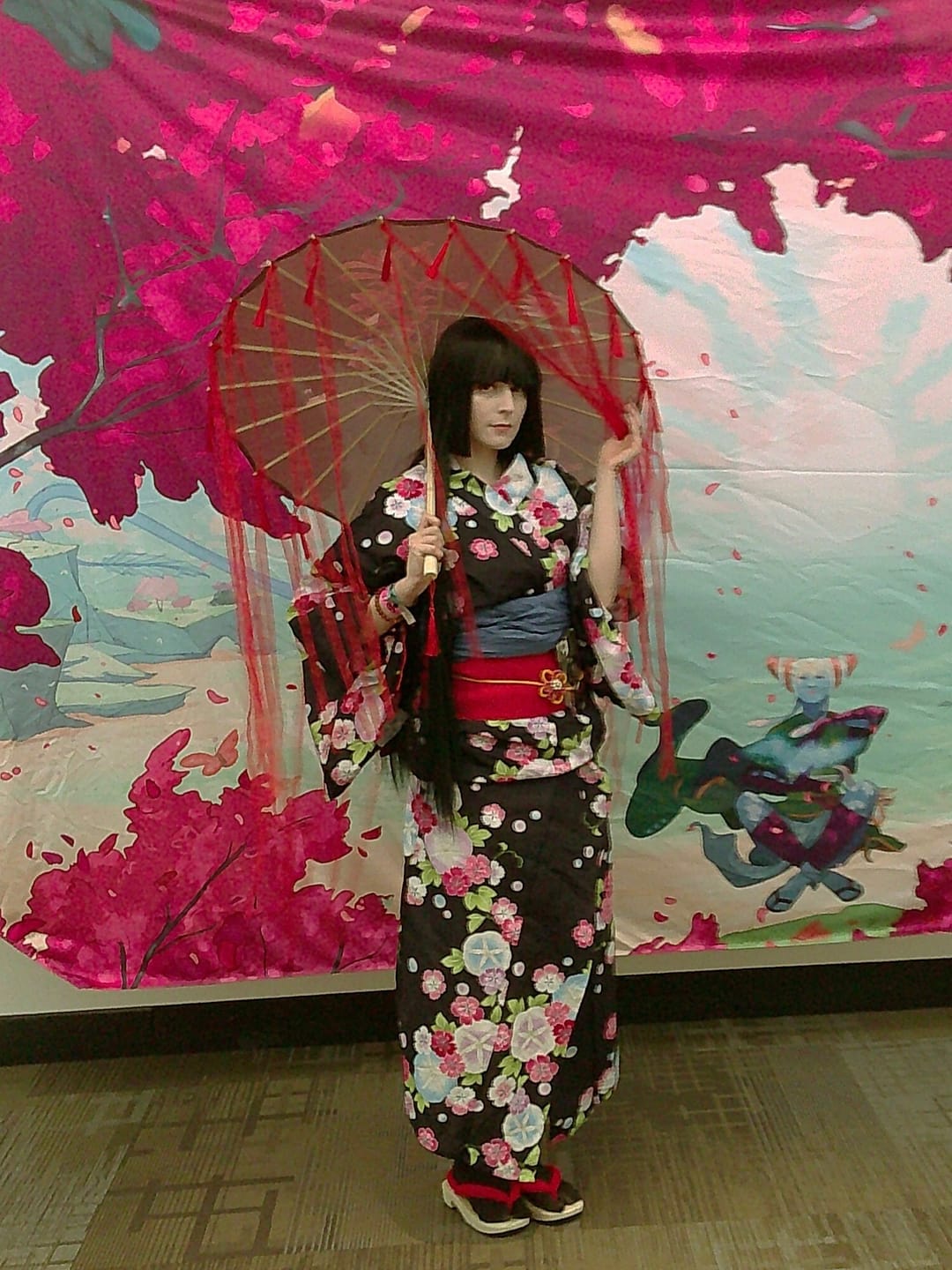 Customer photo review of Yukata Kimono - Colorful Morning Glory and Cherry Blossom in Black (Style #2587)