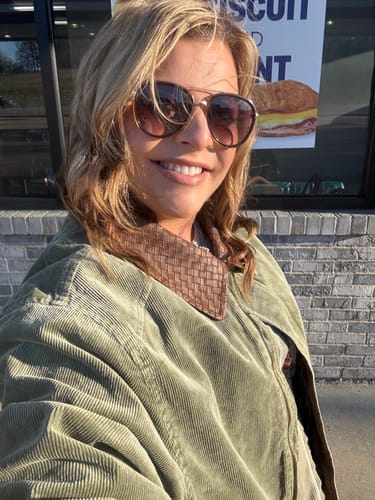 Customer photo review of Mineral Washed Olive Corduroy Jacket With Faux Leather Collar
