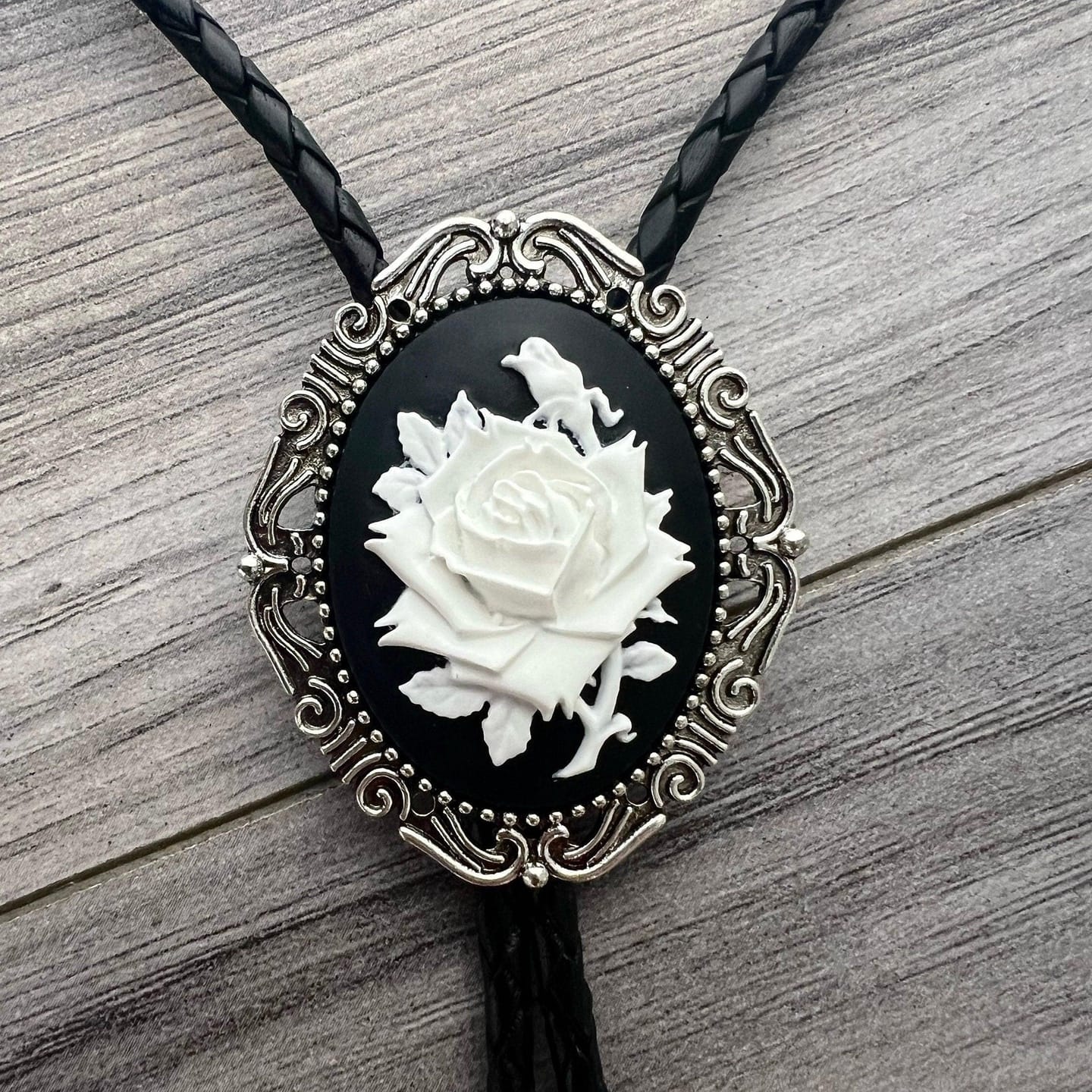 Customer photo review of Bolo Tie- Black & White Rose
