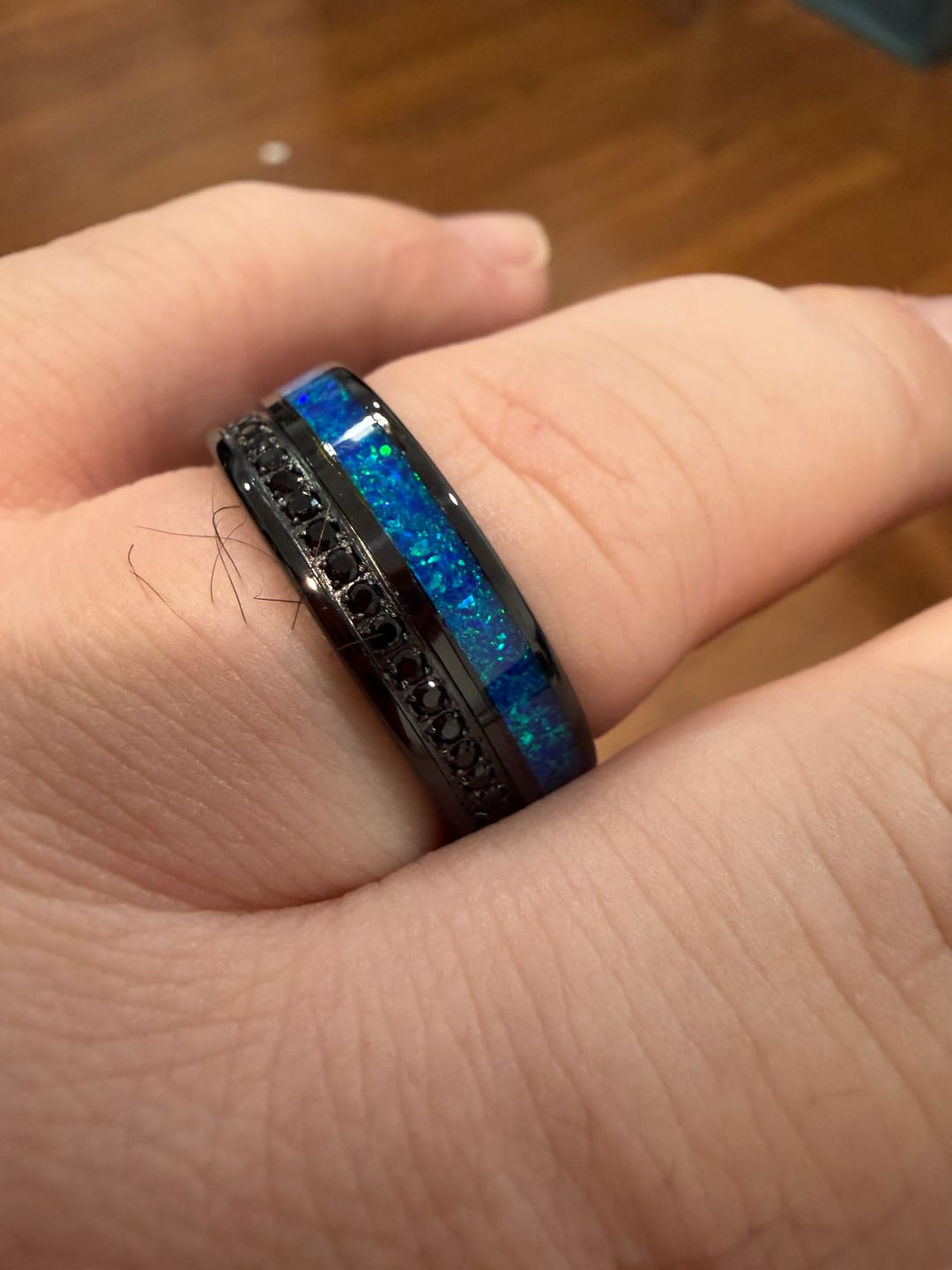 Customer photo review of 8mm - Black Tungsten Ring with Black CZ Eternity & Blue Opal Inlay