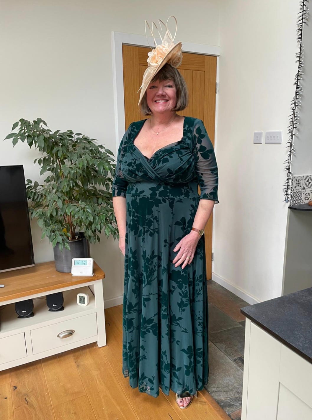 Customer photo review of Elizabeth Dark Green Flocked Mesh Maxi Gown