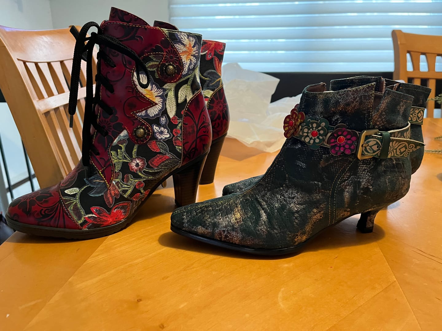 Customer photo review of Leather Hand Embossed Adjustable High Heel Boots