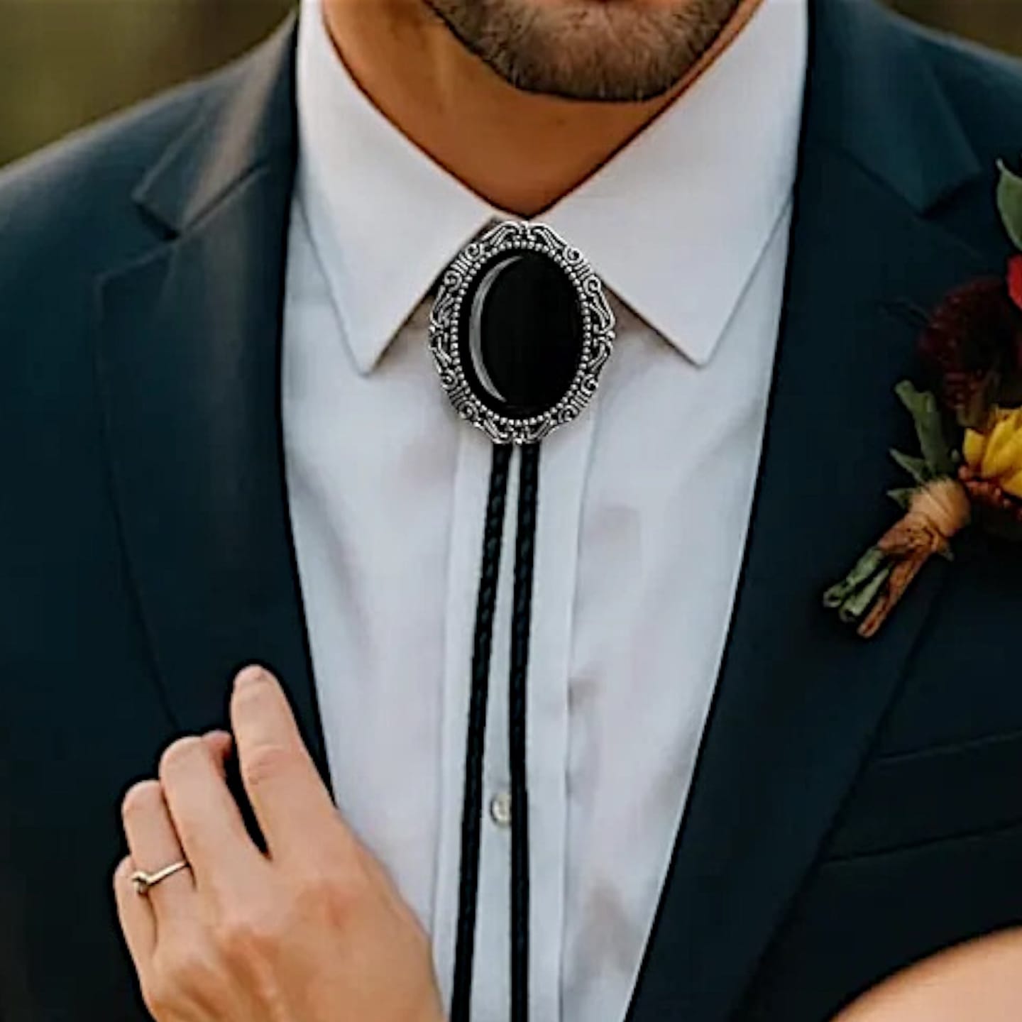 Customer photo review of Black Bolo Tie- Onyx Western Wedding Accessory for Men and Women