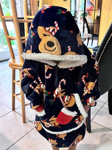 Customer photo review of Kids OLAOLA Blue Sloth Printed Wearable Blanket Hoodie Animals Onesie Oversized Soft Homewear With Giant Pocket