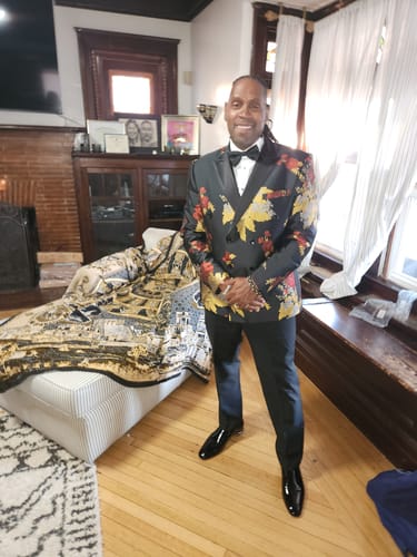 Customer photo review of Men's 2-Piece Red and Gold Peony Embroided Black Suit