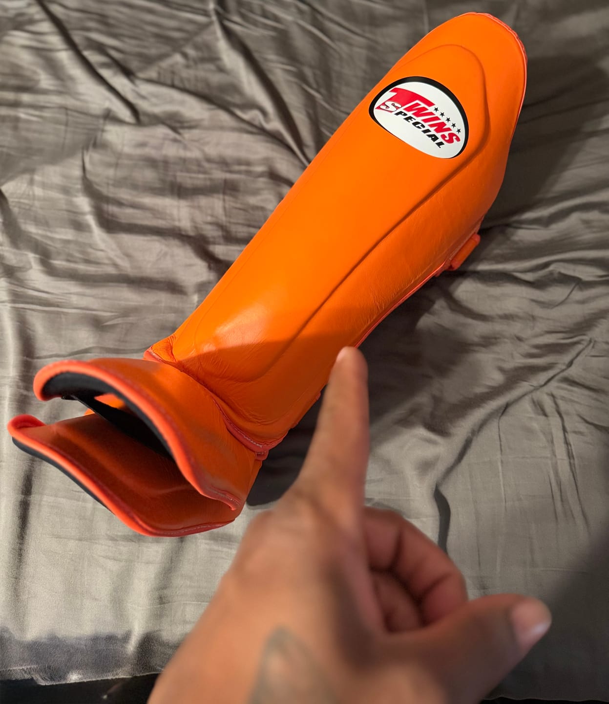 Customer photo review of Twins SGL10 Orange Double Padded Leather Shin Guards