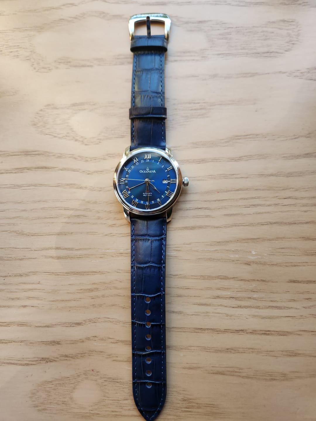 Customer photo review of Oceaneva Men's OceanTrek GMT Automatic 200m Leather Watch Blue