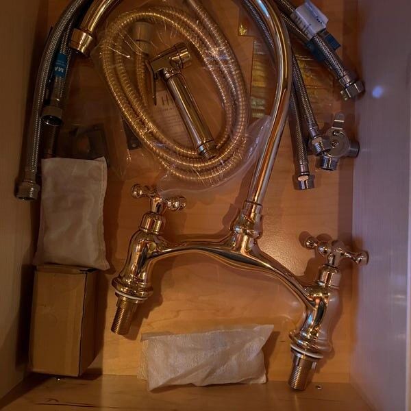 Customer photo review of Brass Antique Bridge Kitchen Faucet, V Shaped Unlacquered Brass Faucet, Arched Gold Faucet