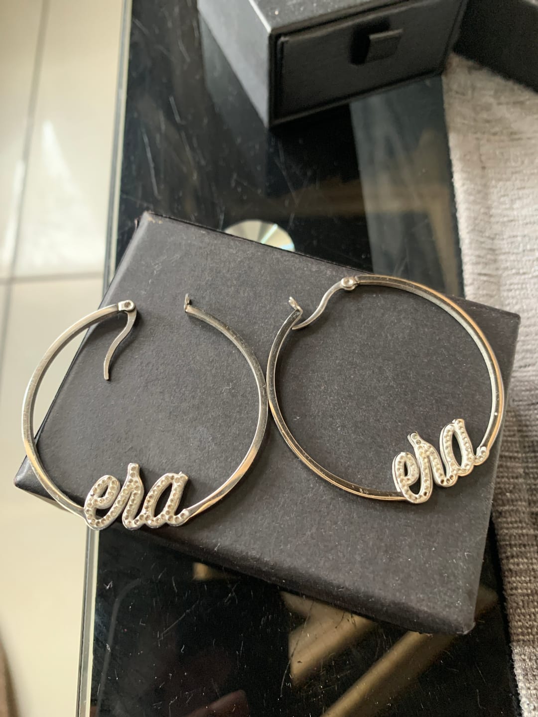 Customer photo review of Silver Precious Era Logo Hoops