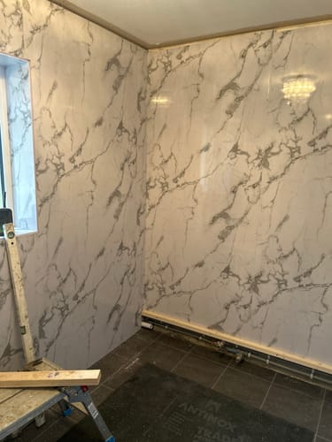 Customer photo review of Premium White Calacatta Gloss Shower Wall Panel – 1M x 2.4M