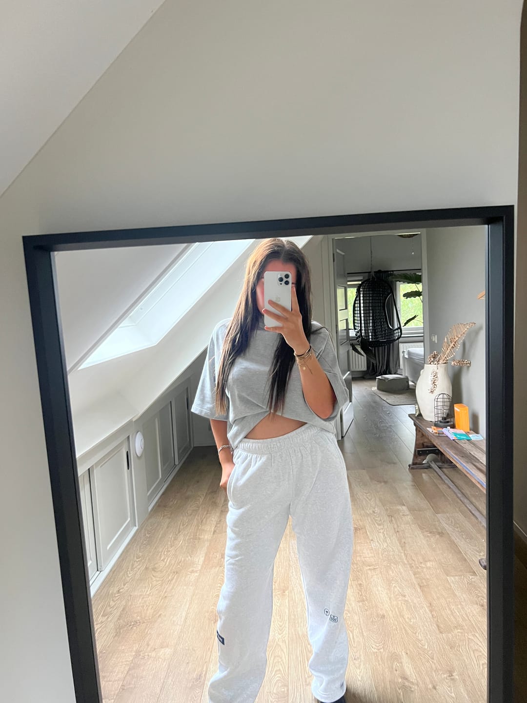 Customer photo review of '55 EMBROIDERY STRAIGHT LEG SWEATPANTS LIGHT GREY