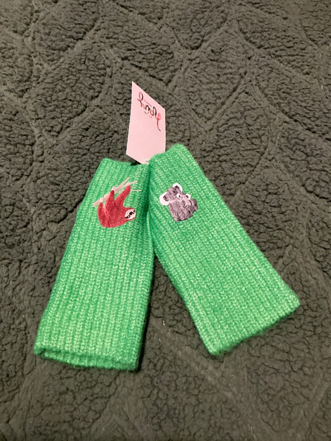 Customer photo review of Recycled fingerless gloves -36 animals to choose from, custom made