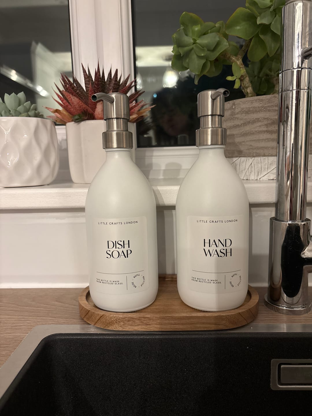 Customer photo review of Set of 2 Milky White Glass Bottle 500 ML with Metal Pump & Small Tray (White Label)